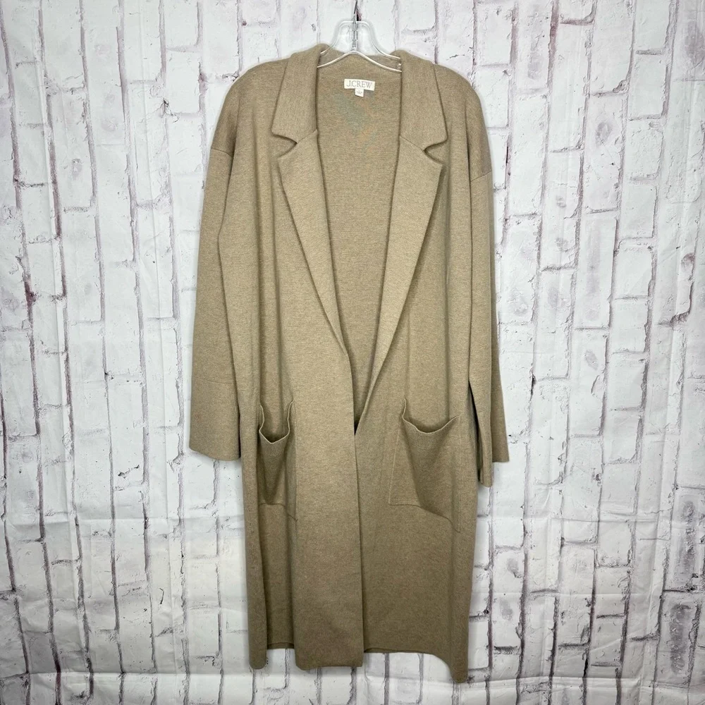 J. Crew Ella Open Front Long Sweater Blazer Sz L Merino Wool Tan Khaki AD753